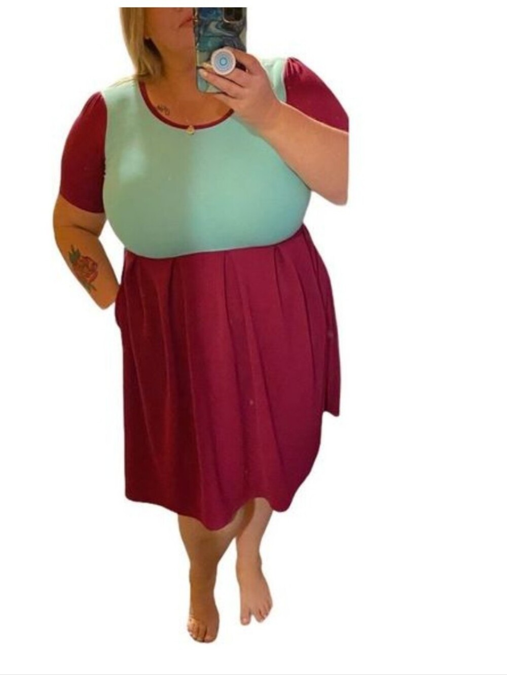 LuLaRoe Two-Tone Scoop Neck Dress in Burgundy and Mint